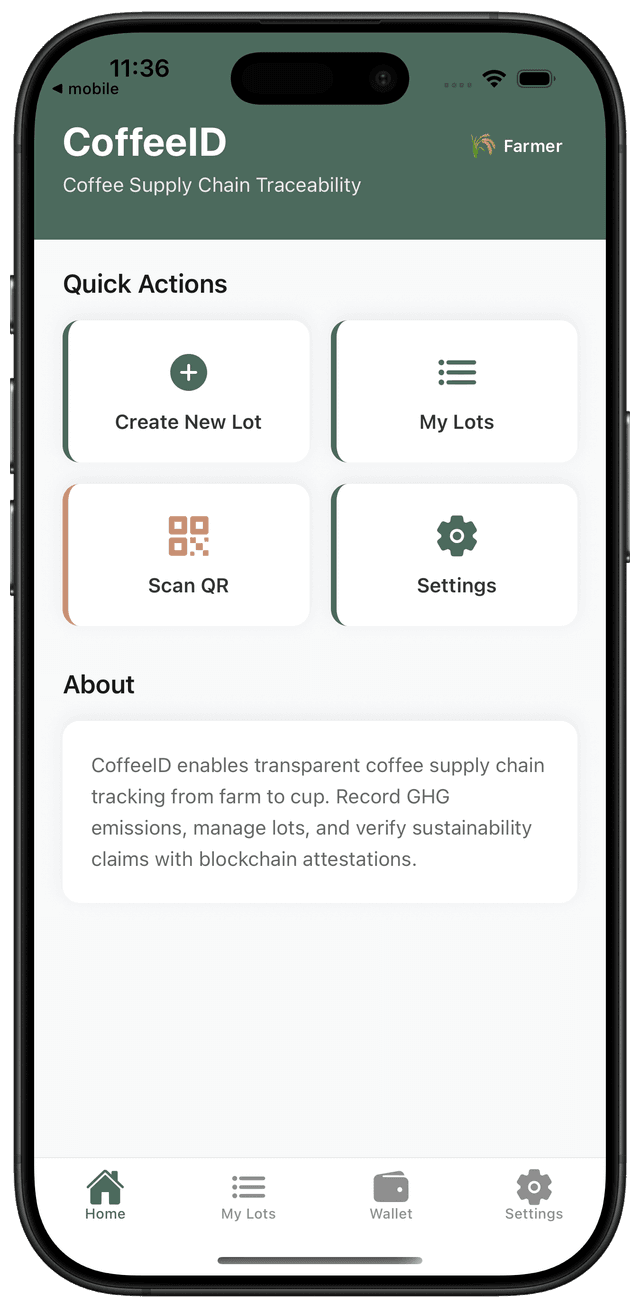 CoffeeID mobile app — home screen